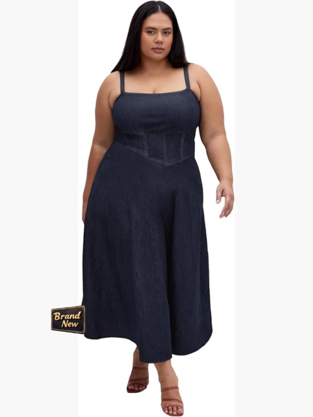 Denim Corset Dress Midi Plus Size 12-26, Stretch High Waist Square Neck